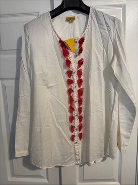 Roberta Roller Rabbit Martina Pom Pom Button-Front Tunic with Red Tassel Trim